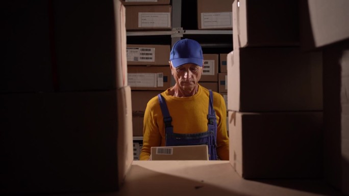 小企业主老人在堆满货物的零售仓库里用剪贴板检查库存和库存，搜索箱子等待发货。