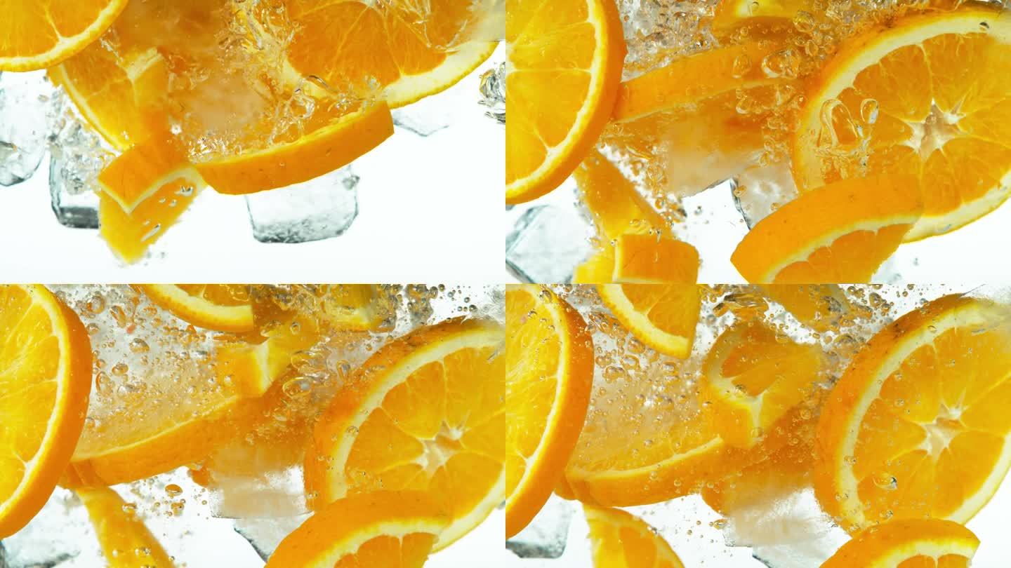 橙子片落入水中的超级慢动作。