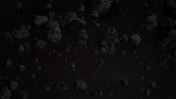 在黑暗的外太空用宇宙云弧跟踪拍摄通过小行星场