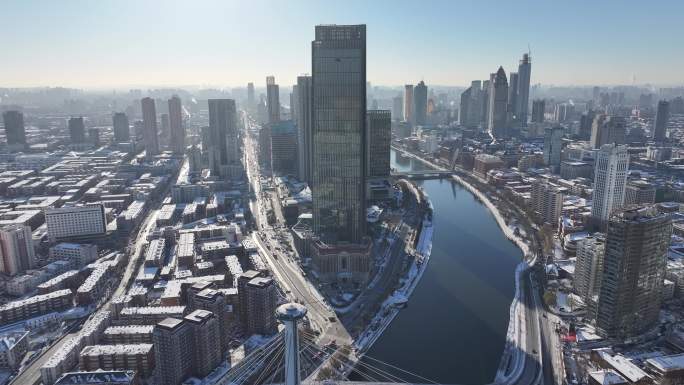 4K原素材-航拍天津雪景，渤海银行大厦
