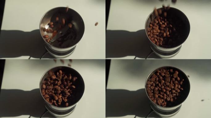 现磨咖啡准备，自制咖啡研磨概念-慢动作。