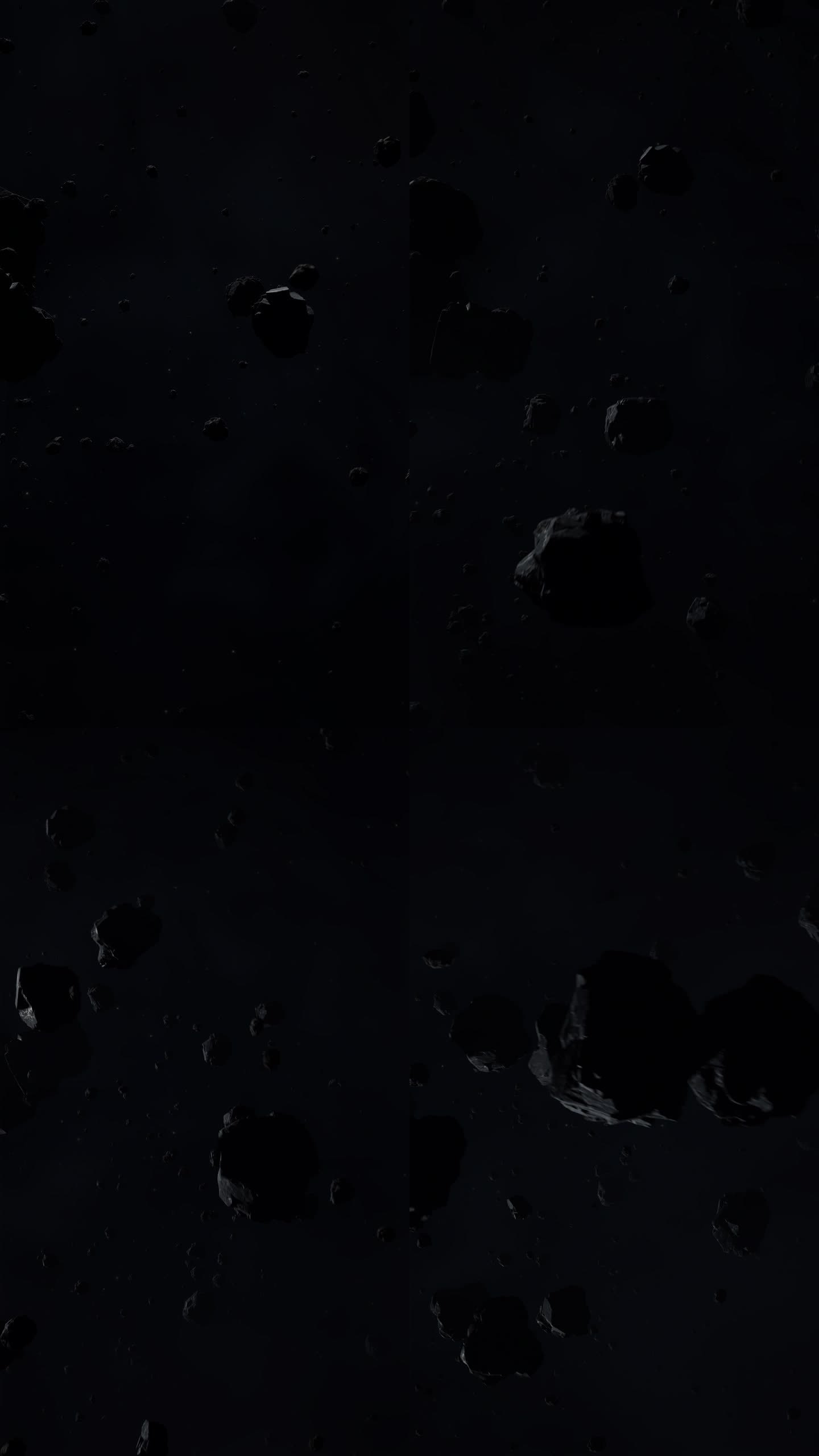 在黑暗的外层空间飞行穿过小行星场垂直滚动推入镜头