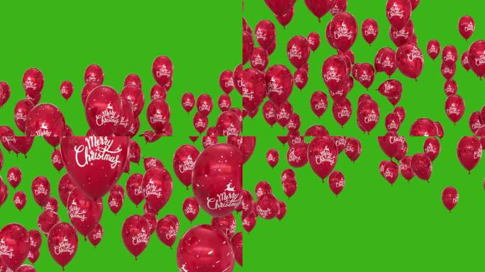 圣诞快乐气球从底部飞到顶部孤立的绿色屏幕背景，4K视频元素