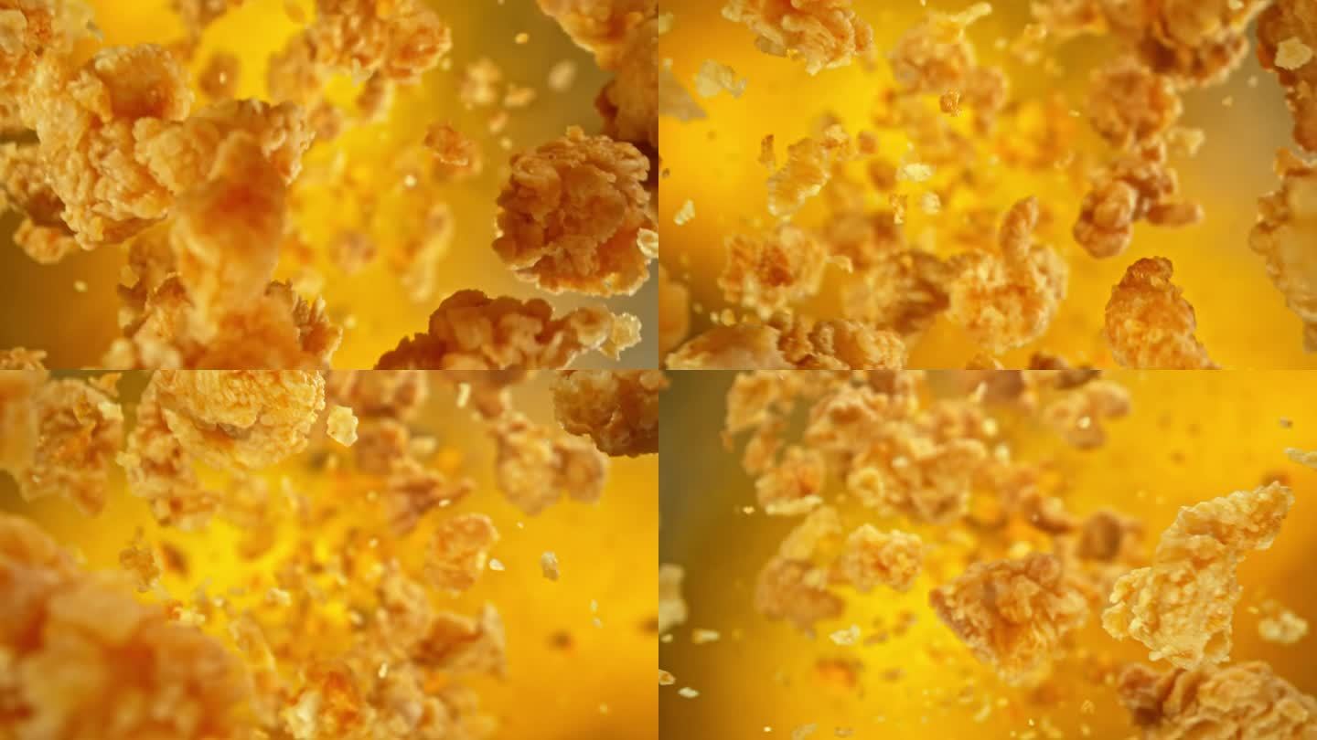 金色背景下的超级慢动作炸鸡片。