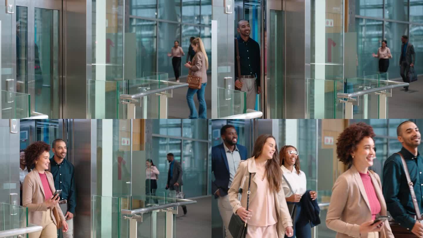 商务，男人和女人或从电梯出口走出来谈话，快乐和公司工作场所的大厅。专业人员，在电梯门口与同事和行李进