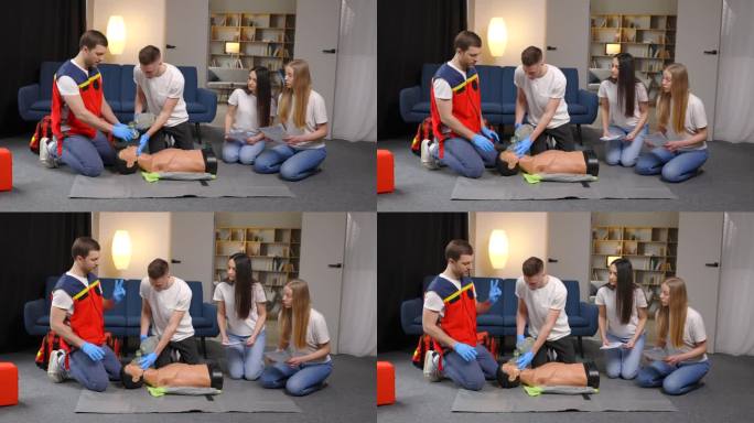 受害者的急救措施。小组基本急救训练，人体模型人工肺通气，间接心脏按摩