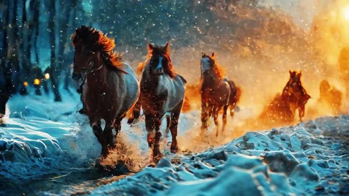 冬季牧场马群野马匹放牧农场奔跑骏马大雪地