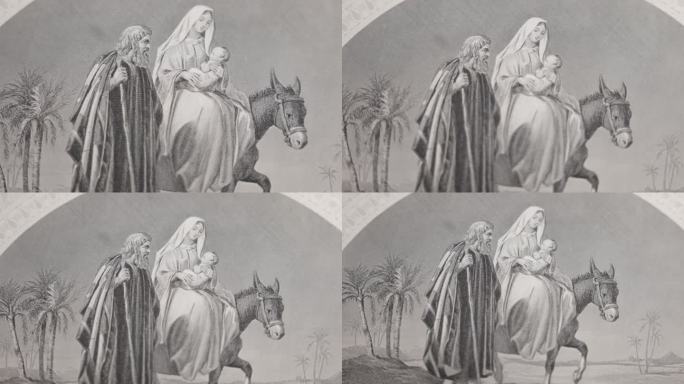 玛丽和约瑟夫与耶稣一起逃往埃及的古董插图