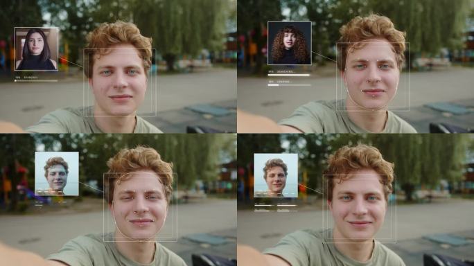 现代人脸识别技术应用生物特征画像。人脸识别与年轻英俊男性挥手的高科技三维检测。