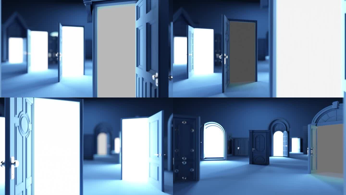 在昏暗的空间里，多扇门亮了起来，代表着Web 3.0和元宇宙。摄像机选择并进入中央门。决策的象征。