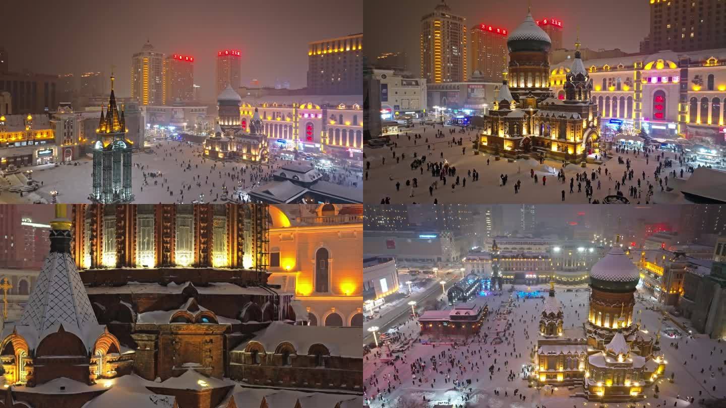 中国黑龙江哈尔滨索菲亚教堂大雪航拍合集
