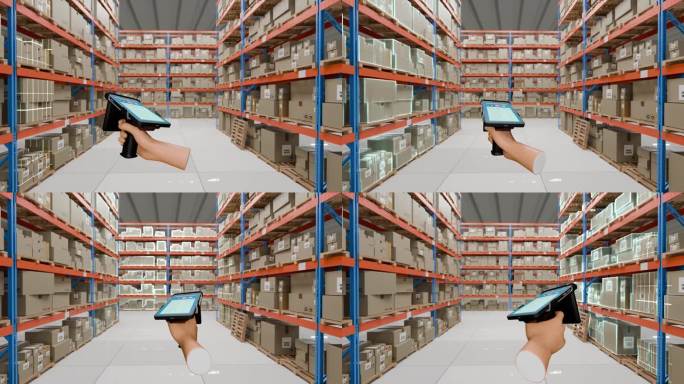 手持射频识别扫描仪或射频识别枪扫描库存在仓库。4k 3D动画。