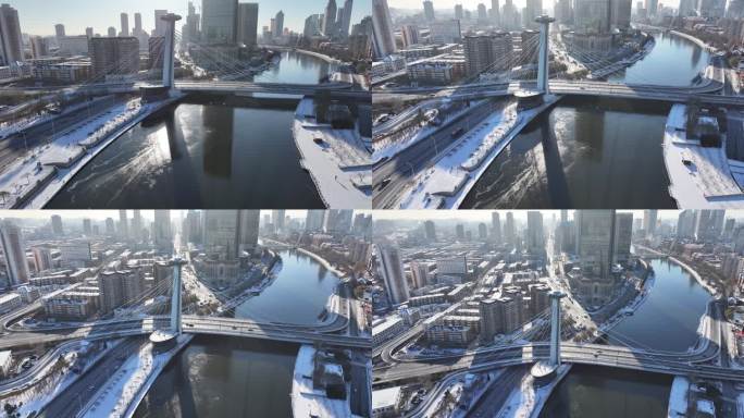 4K原素材-航拍天津市海河冬日，赤峰桥