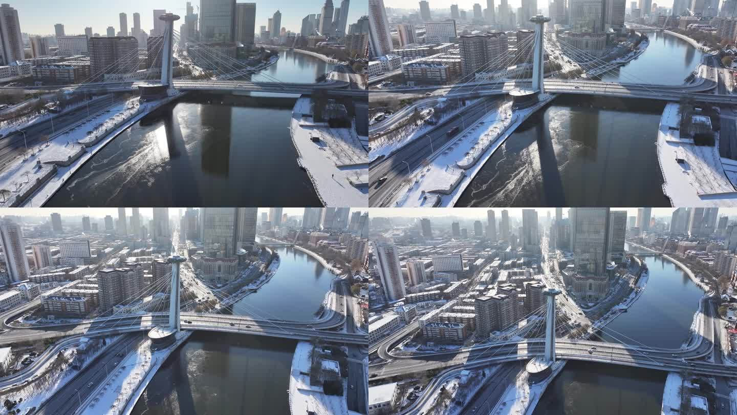 4K原素材-航拍天津市海河冬日，赤峰桥