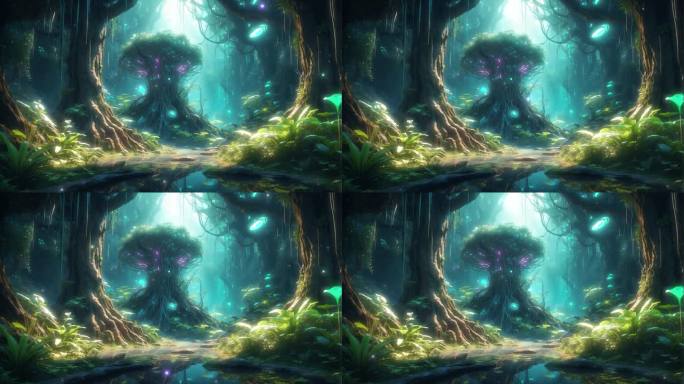 4K梦幻科幻森林丛林霓虹概念背景