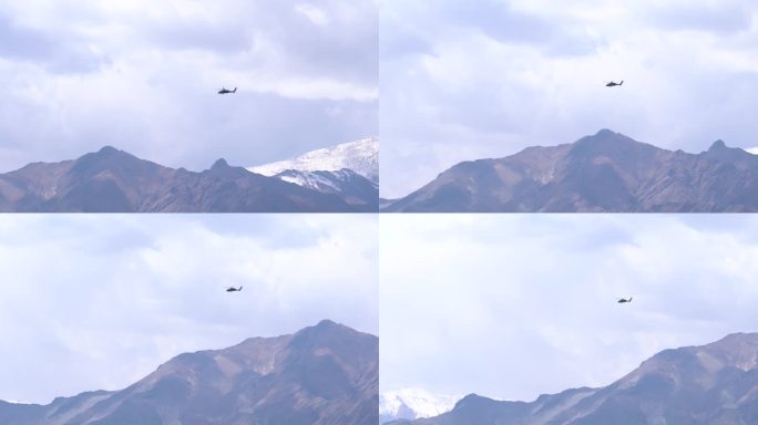 青藏高原雪山上的直升飞机4K