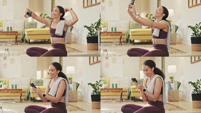 女人，锻炼自拍，在家锻炼强壮的肌肉，在客厅的博客上发表快乐的文章。女孩，网红和摄影展示进步，发展和成