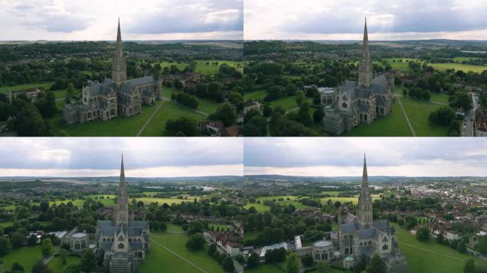 惊人的空中高空轨道剪辑壮观的历史索尔兹伯里大教堂最高的尖塔，索尔兹伯里，英格兰，英国