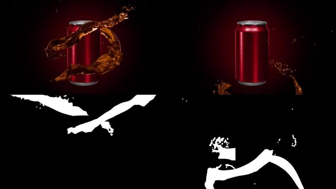 水苏打线螺旋绕罐，可口可乐流动和飞溅，Alpha通道，3D动画