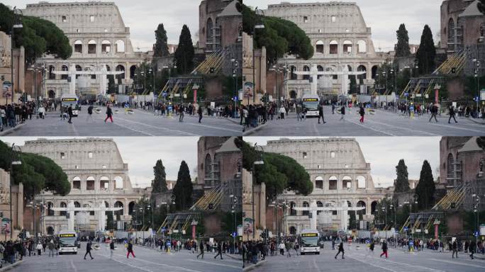 罗马，意大利罗马帝国大道上的人和公共汽车交通，背景是罗马斗兽场，慢动作