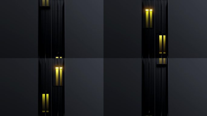 两个开放的玻璃透明电梯舱，光线在墙壁上移动，住宅，办公室或酒店。逼真的3d动画。