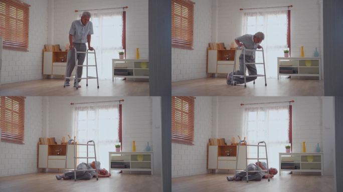 亚洲老年男性独自在家行走时跌倒在地。老爷爷退休后在家里客厅做理疗时意外晕倒。
