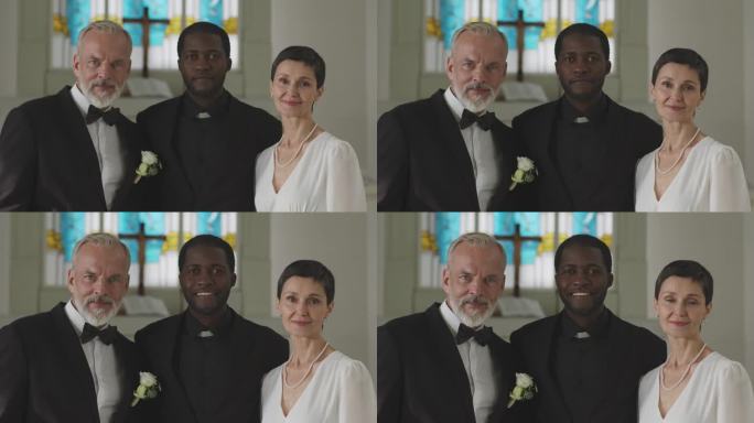 新婚夫妇与牧师在教堂的肖像