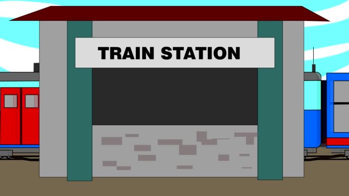 卡通风格的一列火车停在城市车站的视频，交通，艺术。