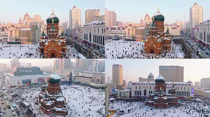 中国黑龙江哈尔滨索菲亚教堂广场雪景航拍