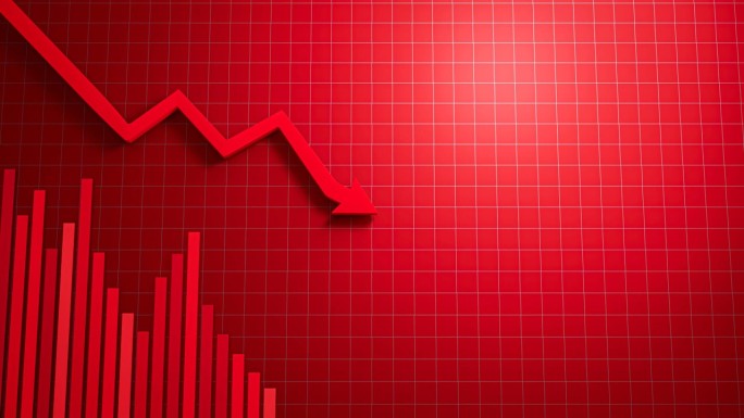 红色条形图和箭头线指向最低的销售点。股市因危机、恐慌、战争或流行病而蒙受损失的概念。抛售以减少损失。