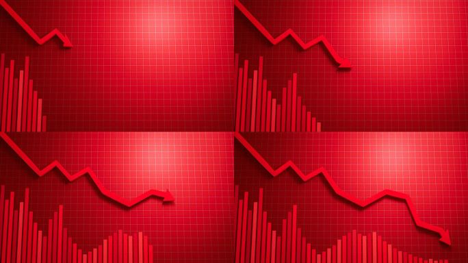 红色条形图和箭头线指向最低的销售点。股市因危机、恐慌、战争或流行病而蒙受损失的概念。抛售以减少损失。