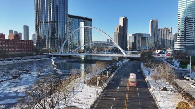 4K原素材-航拍天津市海河雪景，大沽桥