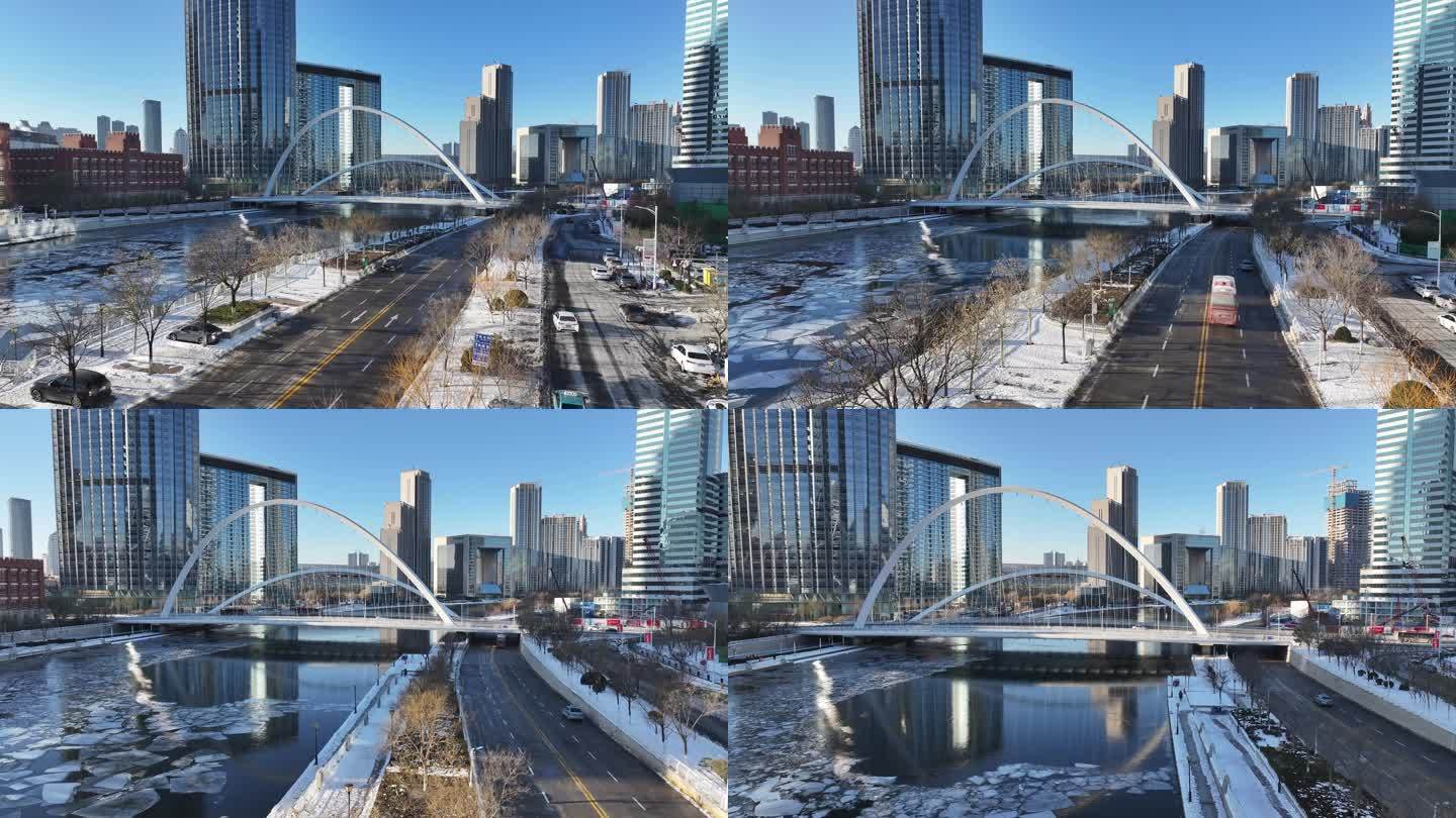 4K原素材-航拍天津市海河雪景，大沽桥