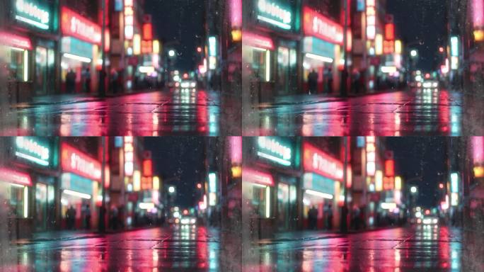 4K赛博朋克霓虹街道下雨雨景雨滴背景
