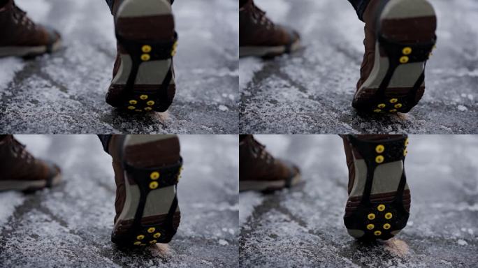 冬天鞋下的冰刺，特写浅深度慢动作