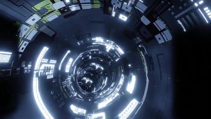 飞入宇宙飞船隧道，科幻飞船走廊。未来技术抽象无缝VJ的技术标题和背景。运动图形的互联网，速度。无缝循