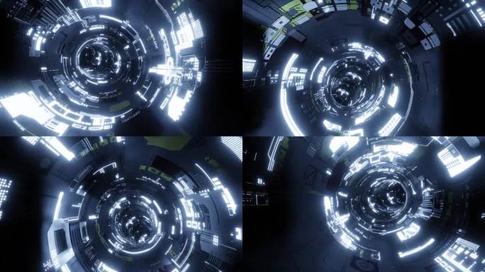 飞入宇宙飞船隧道，科幻飞船走廊。未来技术抽象无缝VJ的技术标题和背景。运动图形的互联网，速度。无缝循