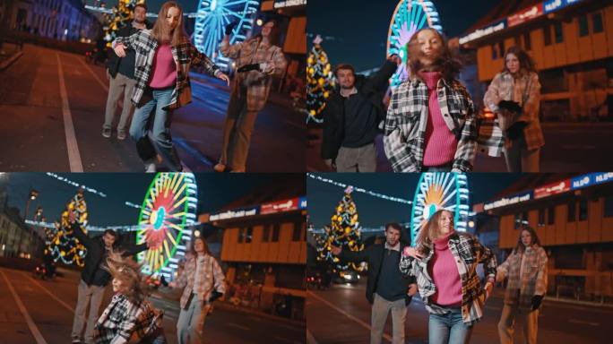 圣诞之夜，活力四射的年轻女子在马里博尔市街头与朋友共舞霹雳舞
