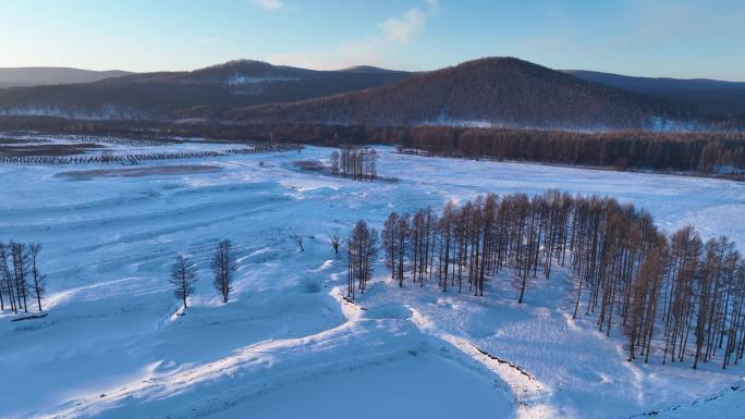 航拍山谷湿地雪原风光