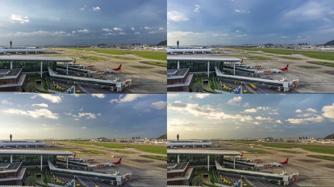 蓝天白云飞机起降空镜头 延时视频深圳机场