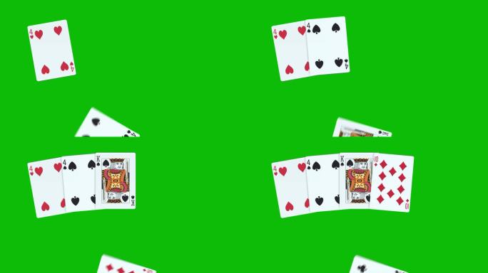 一副扑克牌由一对牌组成，在绿屏上有逐张掷牌的3D动画，扑克牌动画，发牌扑克动画。赢牌手一对组合3