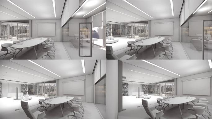 室内空现代阁楼办公室开放空间现代办公室镜头。现代开放式大堂及接待区会议室设计。3D渲染。