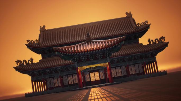 中国建筑国风夕阳穿梭光影三维空间