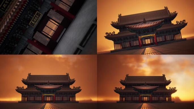 中国建筑国风夕阳穿梭光影三维空间