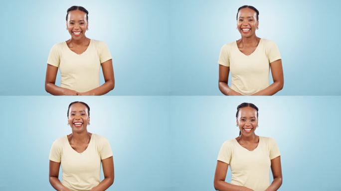 脸，快乐的黑人妇女和笑在工作室自信，笑话和好心情在蓝色背景。肖像，年轻的模特和微笑与无忧无虑的个性喜