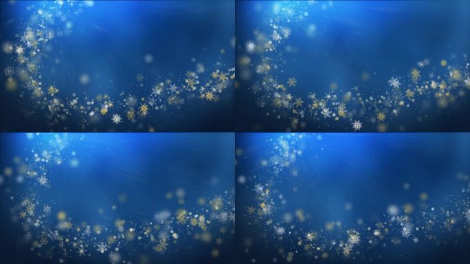 蓝色节日冬季插图与动画金色和白色的雪花。弯弯曲曲的新年框框。循环运动图形。