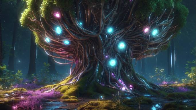 4K梦幻科幻森林霓虹丛林大树概念背景
