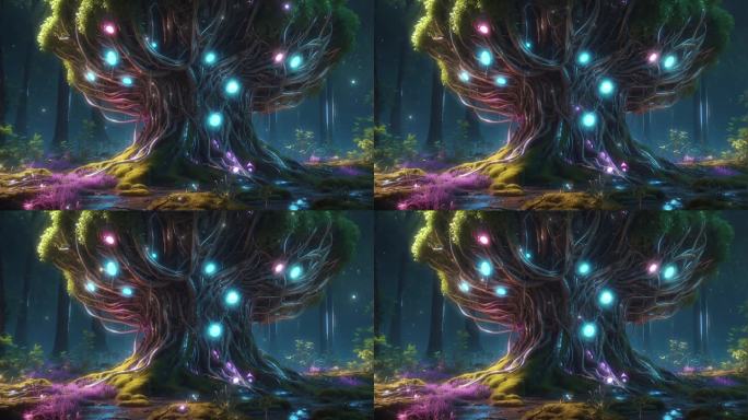 4K梦幻科幻森林霓虹丛林大树概念背景