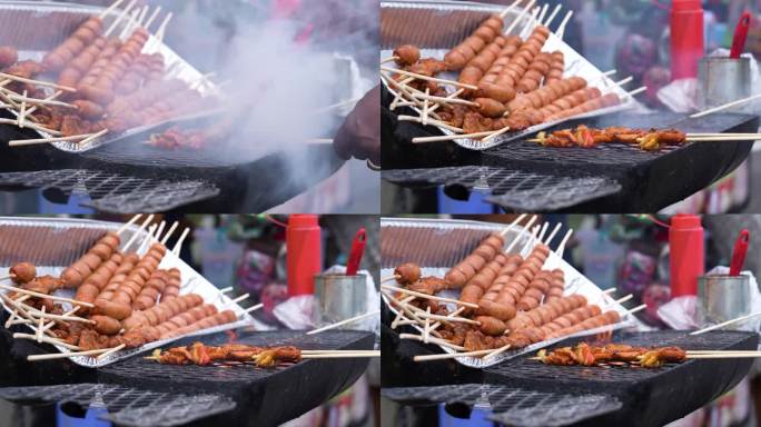 在巴拿马准备街头小吃:各种烤肉串，配上香肠和腌肉。
