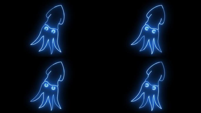 动画视频鱿鱼图标与发光的霓虹灯效果